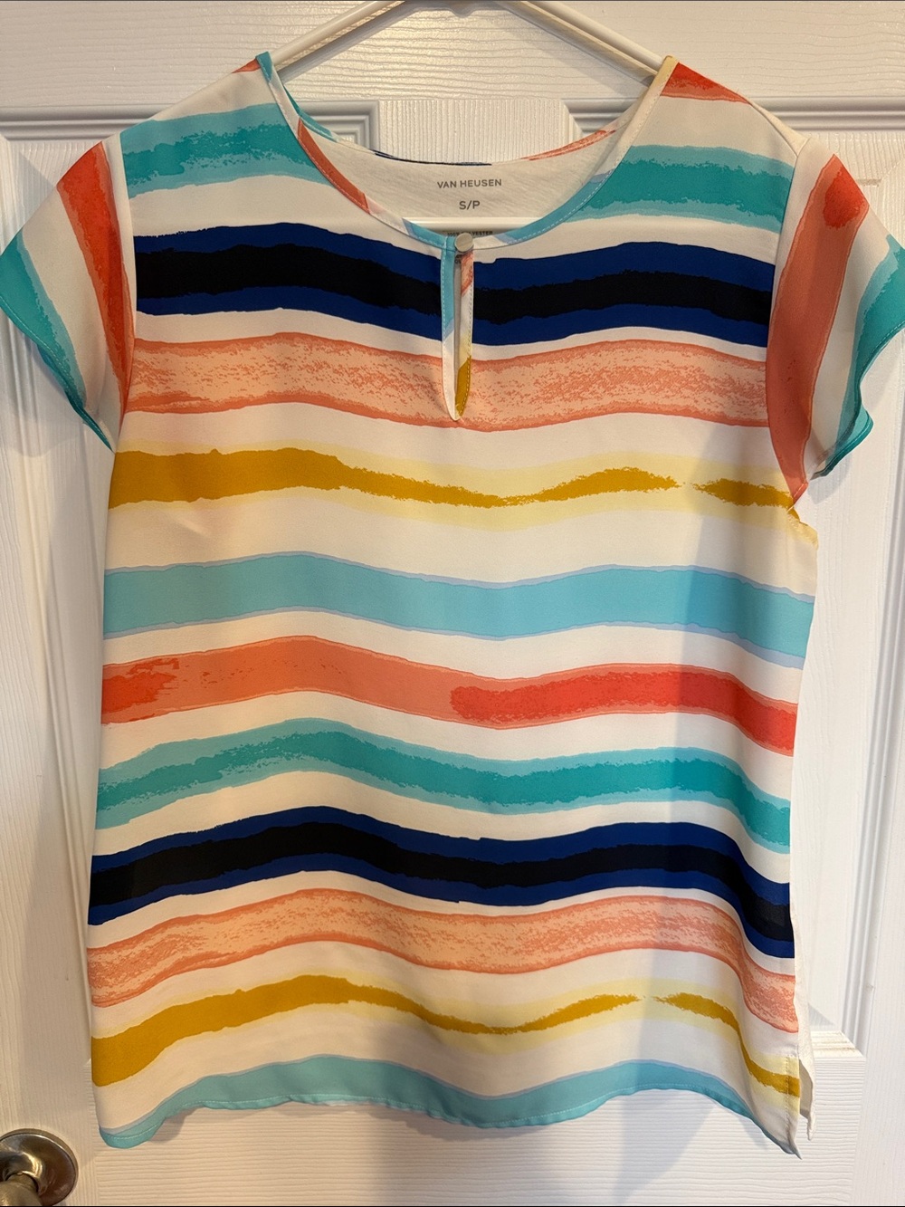 Van Heusen Multistripe Short Sleeve Keyhole Top